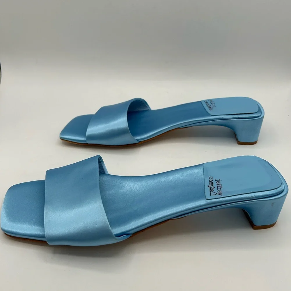 Jeffrey Campbell Women's Low Key Slip On Kitten Heels Sandals Blue Satin 8.5 - Picture 8 of 11